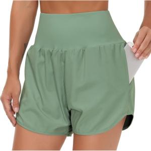 imageTHE GYM PEOPLE Womens High Waist Running Shorts with Liner Athletic Hiking Workout Shorts Zip PocketsJasmine Green