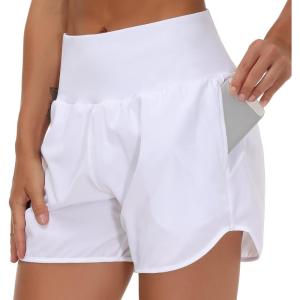 imageTHE GYM PEOPLE Womens High Waist Running Shorts with Liner Athletic Hiking Workout Shorts Zip PocketsWhite