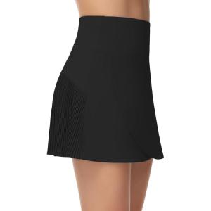 imageTHE GYM PEOPLE Womens High Waisted Tennis Skirts Crossover Hemline Back Pleated Golf Skorts with Inner ShortsBlack