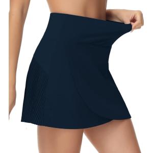 imageTHE GYM PEOPLE Womens High Waisted Tennis Skirts Crossover Hemline Back Pleated Golf Skorts with Inner ShortsBlue