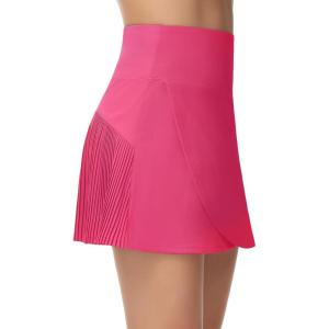 imageTHE GYM PEOPLE Womens High Waisted Tennis Skirts Crossover Hemline Back Pleated Golf Skorts with Inner ShortsBright Pink