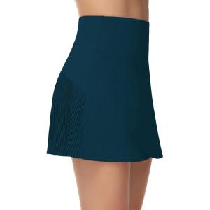 imageTHE GYM PEOPLE Womens High Waisted Tennis Skirts Crossover Hemline Back Pleated Golf Skorts with Inner ShortsDark Blue Green