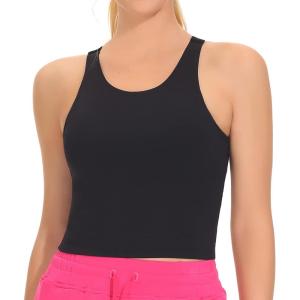imageTHE GYM PEOPLE Womens Racerback Longline Sports Bra Removable Padded High Neck Workout Yoga Crop TopsBlack