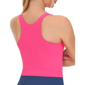 imageTHE GYM PEOPLE Womens Racerback Longline Sports Bra Removable Padded High Neck Workout Yoga Crop TopsBright Pink