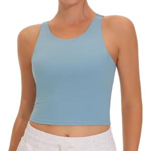 imageTHE GYM PEOPLE Womens Racerback Longline Sports Bra Removable Padded High Neck Workout Yoga Crop TopsDenim Blue