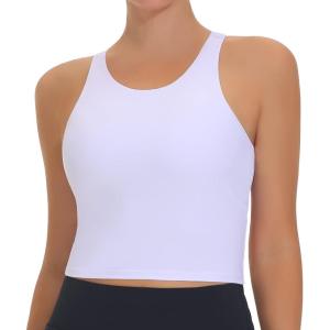 imageTHE GYM PEOPLE Womens Racerback Longline Sports Bra Removable Padded High Neck Workout Yoga Crop TopsWhite