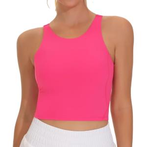 imageTHE GYM PEOPLE Womens Sports Bra Sleeveless Workout Tank Tops Running Yoga Cropped Tops with Removable PaddedBright Pink