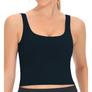 imageTHE GYM PEOPLE Womens Square Neck Longline Sports Bra Workout Removable Padded Yoga Crop Tank TopsBlack