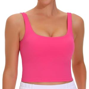 imageTHE GYM PEOPLE Womens Square Neck Longline Sports Bra Workout Removable Padded Yoga Crop Tank TopsBright Pink