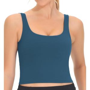 imageTHE GYM PEOPLE Womens Square Neck Longline Sports Bra Workout Removable Padded Yoga Crop Tank TopsDark Blue Green