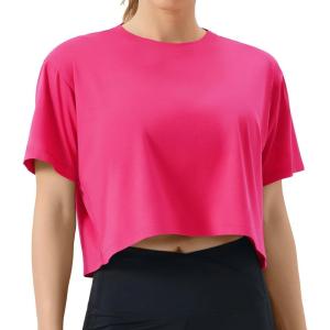 imageTHE GYM PEOPLE Womens Workout Crop Top TShirt Short Sleeve Boxy Yoga Running Cropped Basic TeeBright Pink