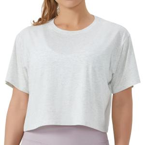 imageTHE GYM PEOPLE Womens Workout Crop Top TShirt Short Sleeve Boxy Yoga Running Cropped Basic TeeHeather White