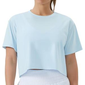 imageTHE GYM PEOPLE Womens Workout Crop Top TShirt Short Sleeve Boxy Yoga Running Cropped Basic TeeLight Blue