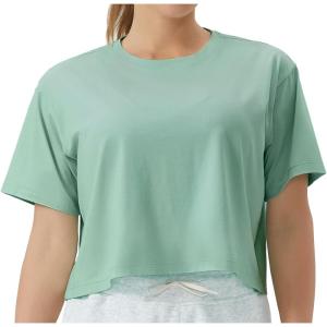 imageTHE GYM PEOPLE Womens Workout Crop Top TShirt Short Sleeve Boxy Yoga Running Cropped Basic TeeLight Green