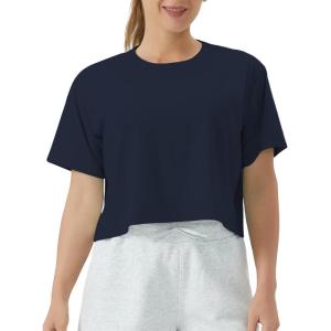 imageTHE GYM PEOPLE Womens Workout Crop Top TShirt Short Sleeve Boxy Yoga Running Cropped Basic TeeNavy Blue