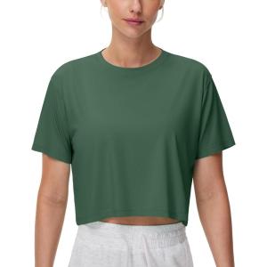imageTHE GYM PEOPLE Womens Workout Crop Top TShirt Short Sleeve Boxy Yoga Running Cropped Basic TeeSoft Green