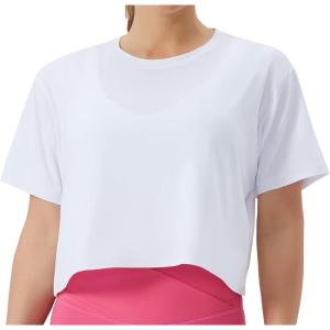 imageTHE GYM PEOPLE Womens Workout Crop Top TShirt Short Sleeve Boxy Yoga Running Cropped Basic TeeWhite
