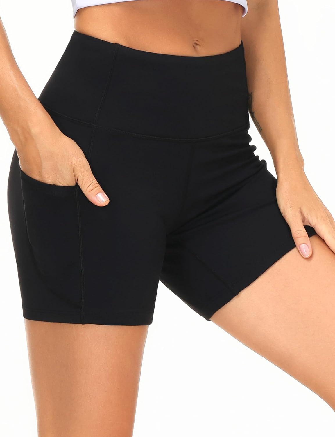 imageTHE GYM PEOPLE 2 Pack Womens High Waist Workout Shorts with Deep Pockets Tummy Control Running Yoga ShortsBlackBlack