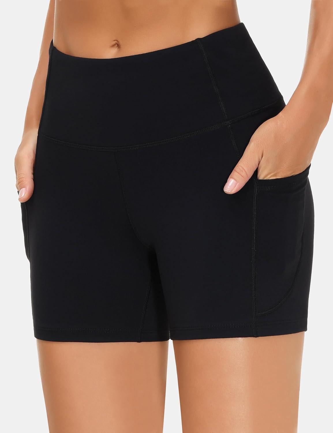 imageTHE GYM PEOPLE 2 Pack Womens High Waist Workout Shorts with Deep Pockets Tummy Control Running Yoga ShortsBlackBlack