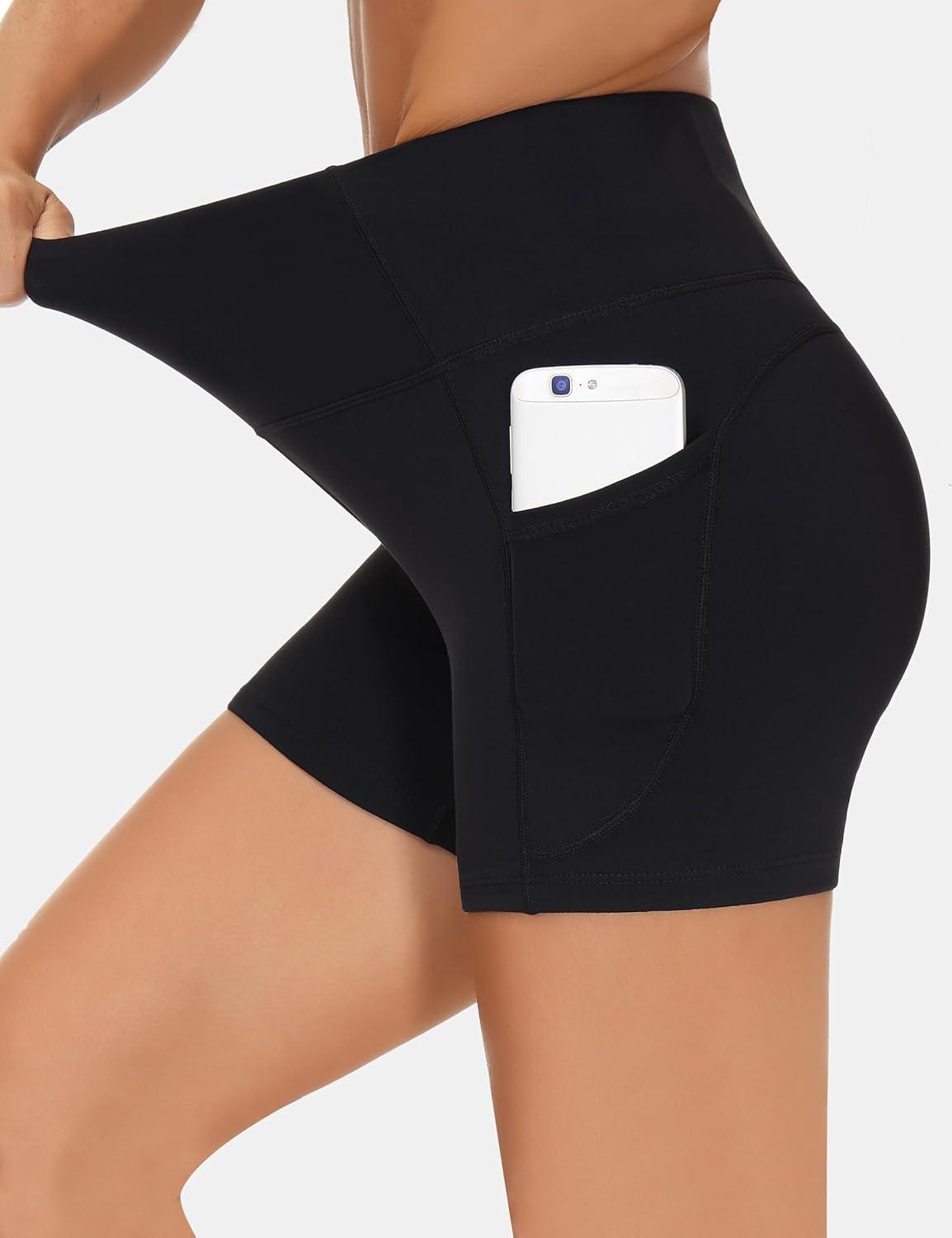 imageTHE GYM PEOPLE 2 Pack Womens High Waist Workout Shorts with Deep Pockets Tummy Control Running Yoga ShortsBlackBlack