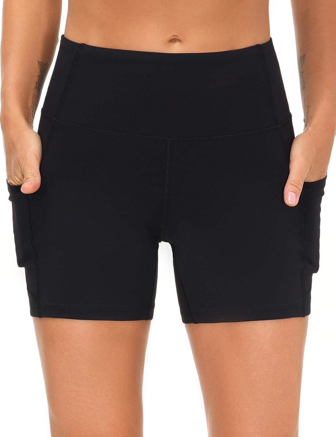 imageTHE GYM PEOPLE 2 Pack Womens High Waist Workout Shorts with Deep Pockets Tummy Control Running Yoga ShortsBlackBlack