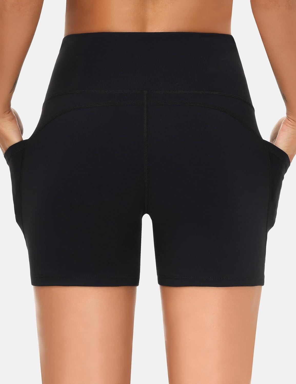 imageTHE GYM PEOPLE 2 Pack Womens High Waist Workout Shorts with Deep Pockets Tummy Control Running Yoga ShortsBlackBlack