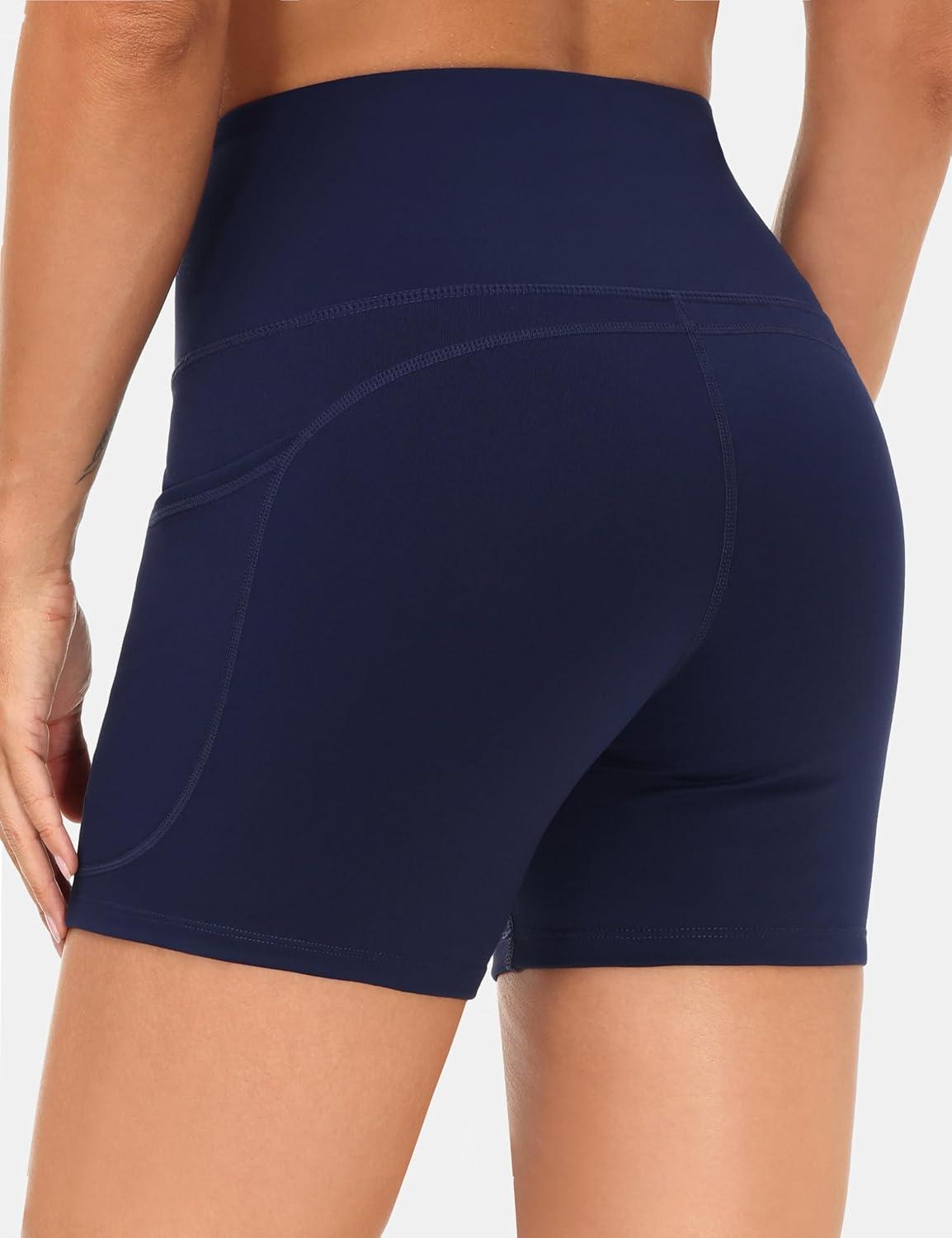 imageTHE GYM PEOPLE 2 Pack Womens High Waist Workout Shorts with Deep Pockets Tummy Control Running Yoga ShortsBlackBlue