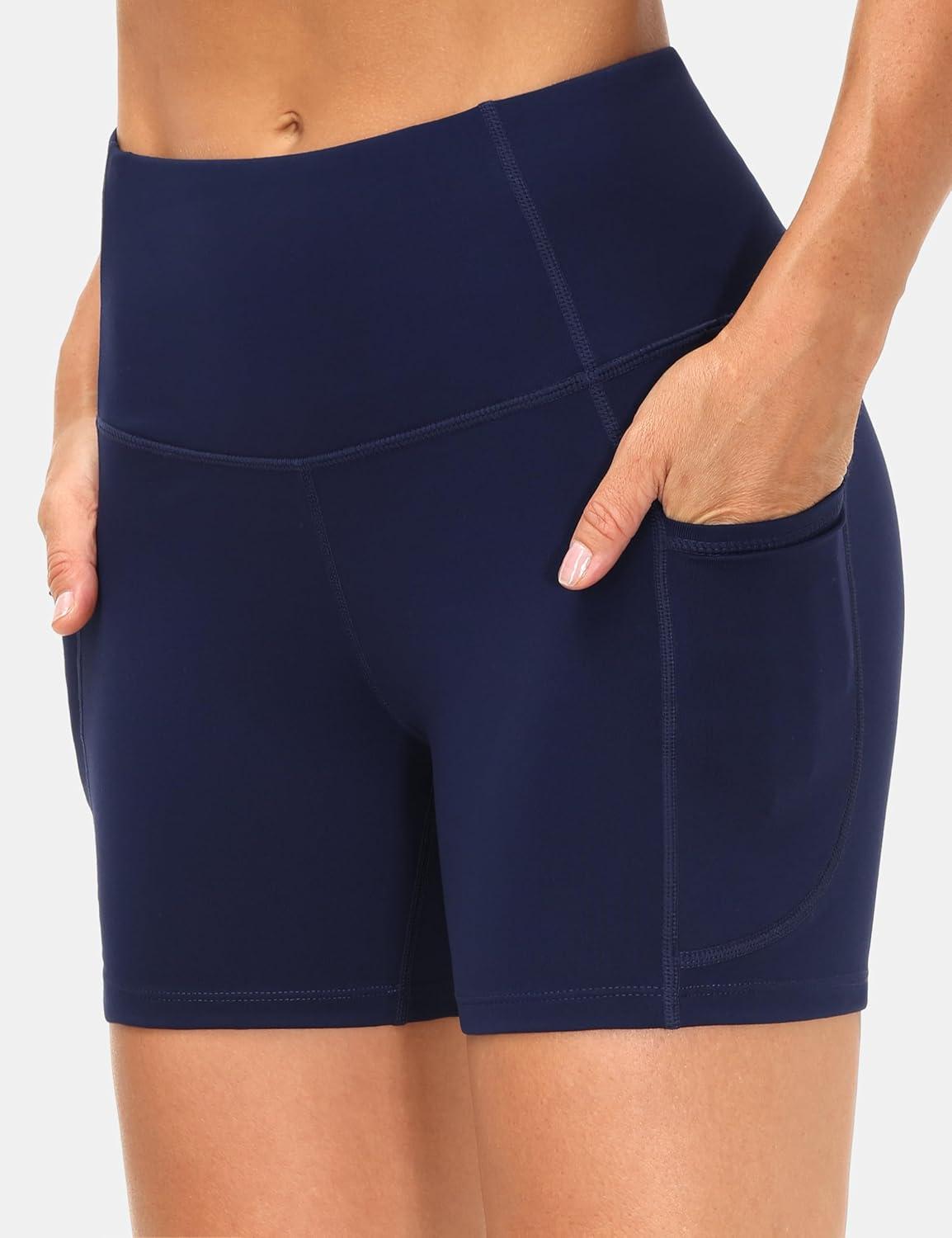 imageTHE GYM PEOPLE 2 Pack Womens High Waist Workout Shorts with Deep Pockets Tummy Control Running Yoga ShortsBlackBlue