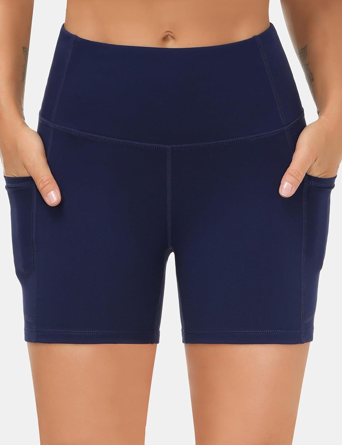 imageTHE GYM PEOPLE 2 Pack Womens High Waist Workout Shorts with Deep Pockets Tummy Control Running Yoga ShortsBlackBlue