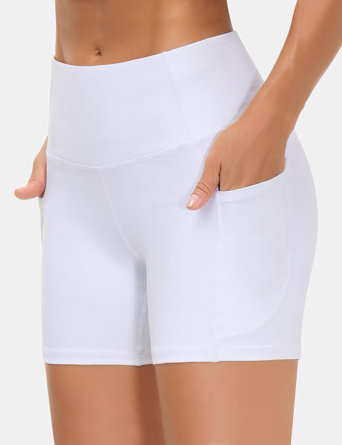 imageTHE GYM PEOPLE 2 Pack Womens High Waist Workout Shorts with Deep Pockets Tummy Control Running Yoga ShortsBlackWhite