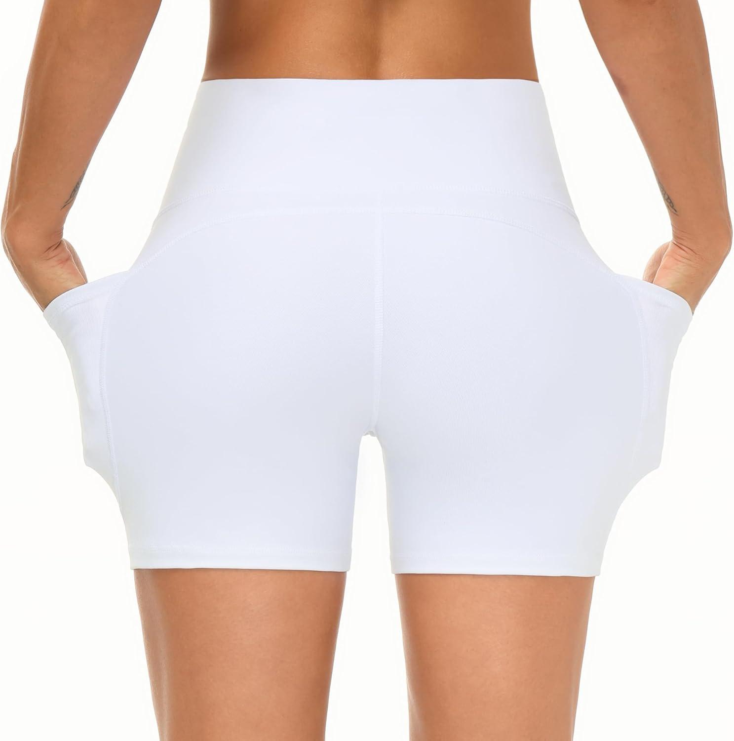 imageTHE GYM PEOPLE 2 Pack Womens High Waist Workout Shorts with Deep Pockets Tummy Control Running Yoga ShortsBlackWhite