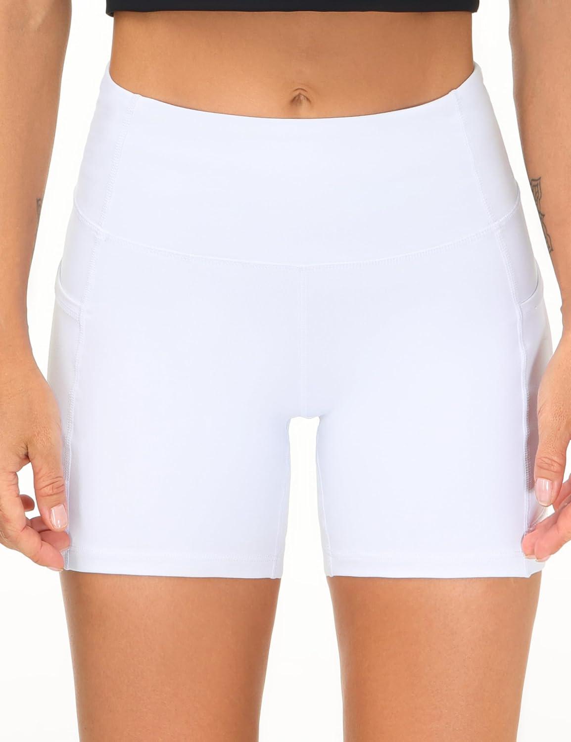 imageTHE GYM PEOPLE 2 Pack Womens High Waist Workout Shorts with Deep Pockets Tummy Control Running Yoga ShortsWhiteWhite