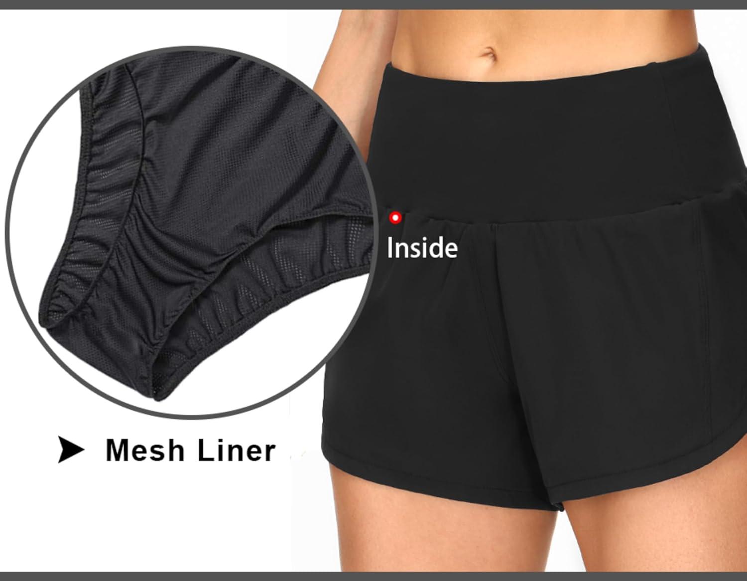 imageTHE GYM PEOPLE 2 Pack Womens High Waisted Running Shorts with Zipper Pockets Liner Quick Dry Athletic Workout ShortsBlackBlack