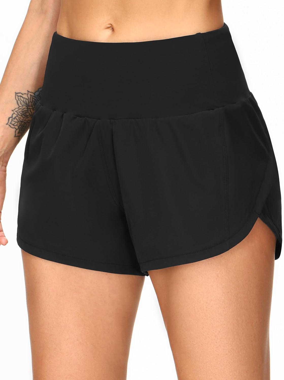 imageTHE GYM PEOPLE 2 Pack Womens High Waisted Running Shorts with Zipper Pockets Liner Quick Dry Athletic Workout ShortsBlackBlack
