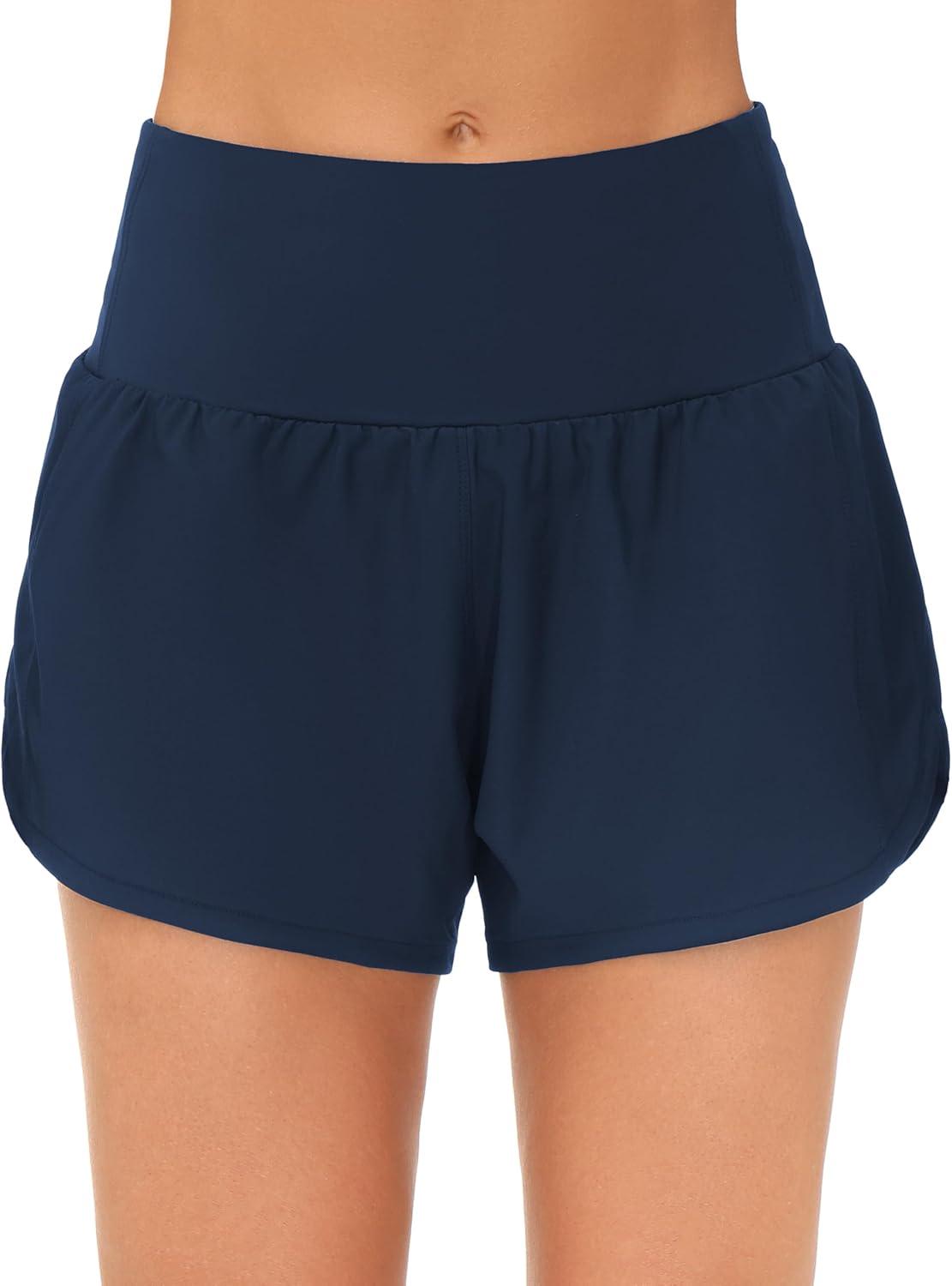 imageTHE GYM PEOPLE 2 Pack Womens High Waisted Running Shorts with Zipper Pockets Liner Quick Dry Athletic Workout ShortsBlackBlue