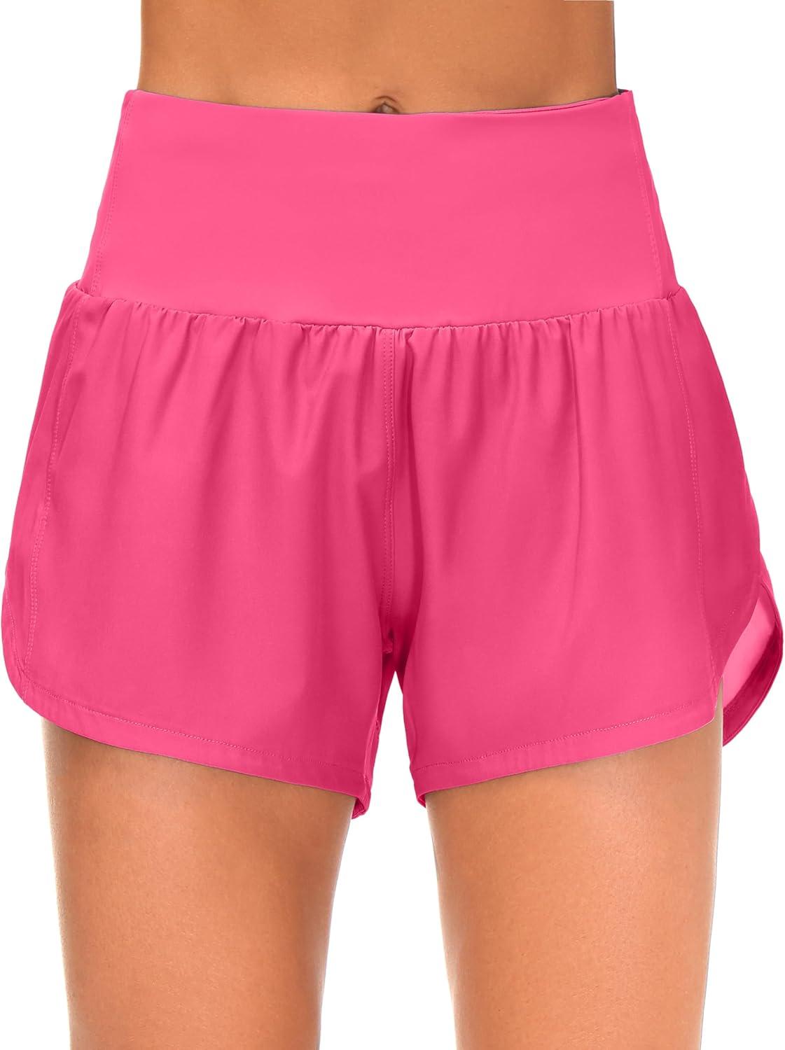 imageTHE GYM PEOPLE 2 Pack Womens High Waisted Running Shorts with Zipper Pockets Liner Quick Dry Athletic Workout ShortsBlackBright Pink