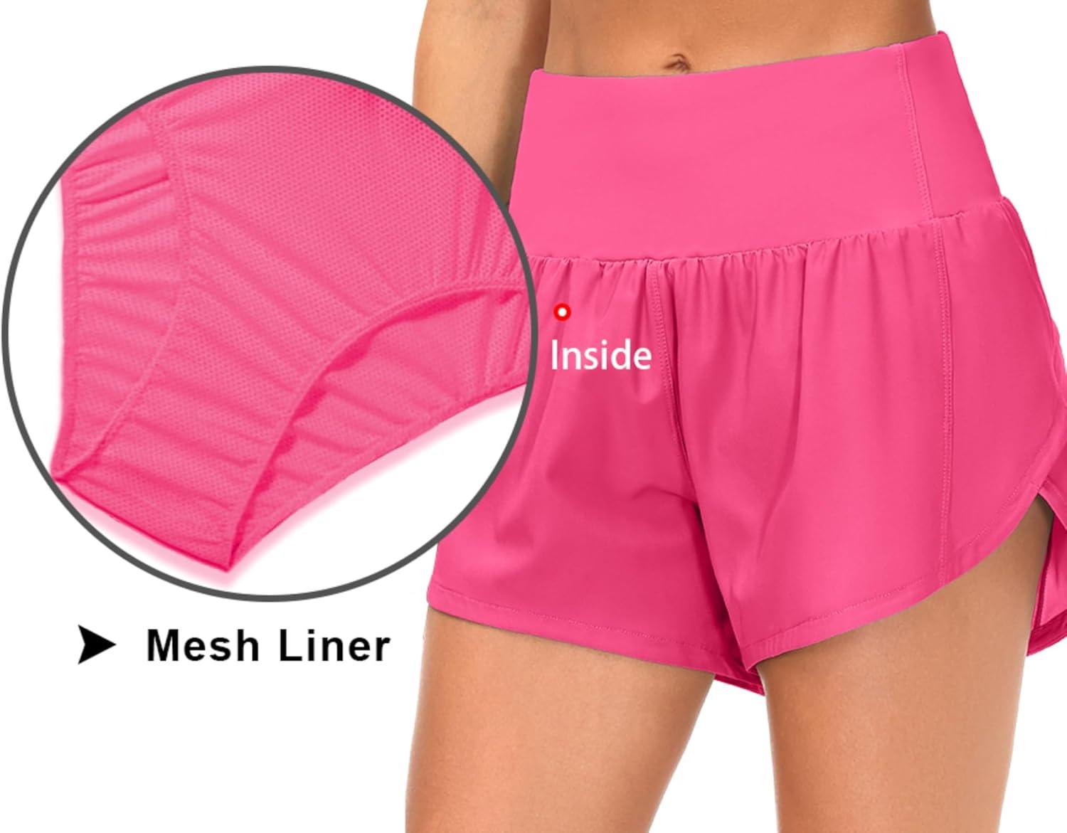 imageTHE GYM PEOPLE 2 Pack Womens High Waisted Running Shorts with Zipper Pockets Liner Quick Dry Athletic Workout ShortsBlackBright Pink