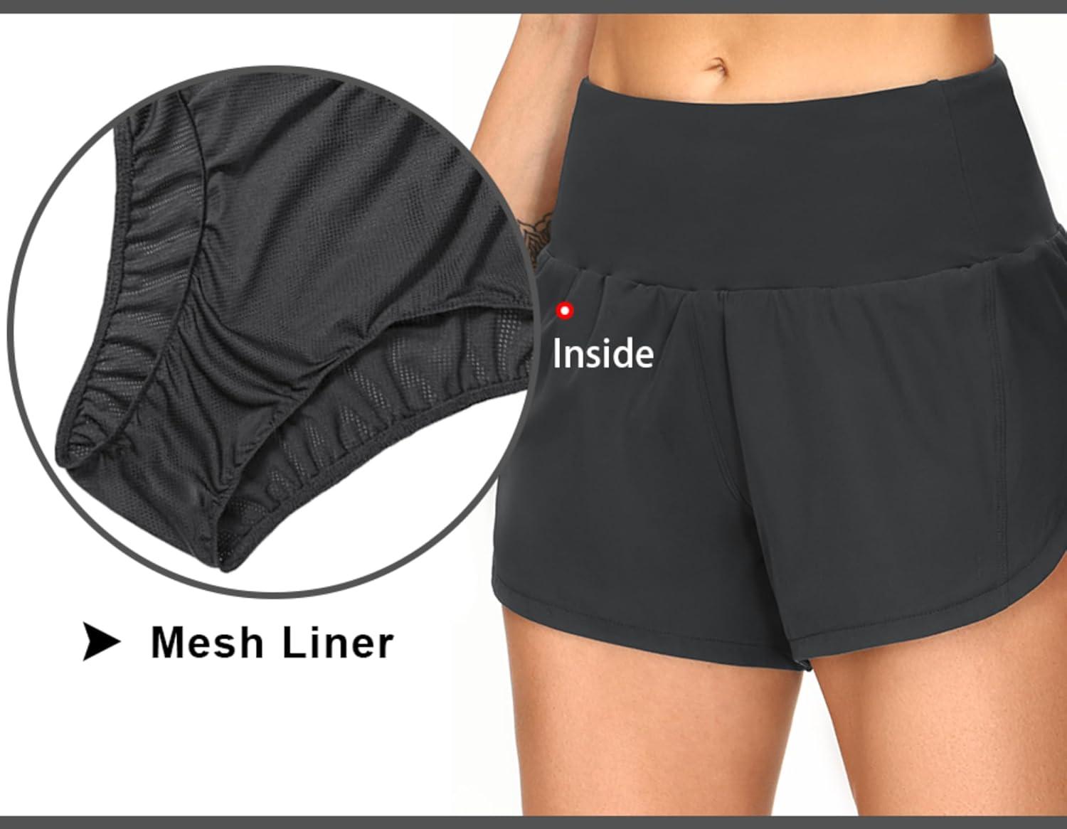imageTHE GYM PEOPLE 2 Pack Womens High Waisted Running Shorts with Zipper Pockets Liner Quick Dry Athletic Workout ShortsBlackCharcoal Grey