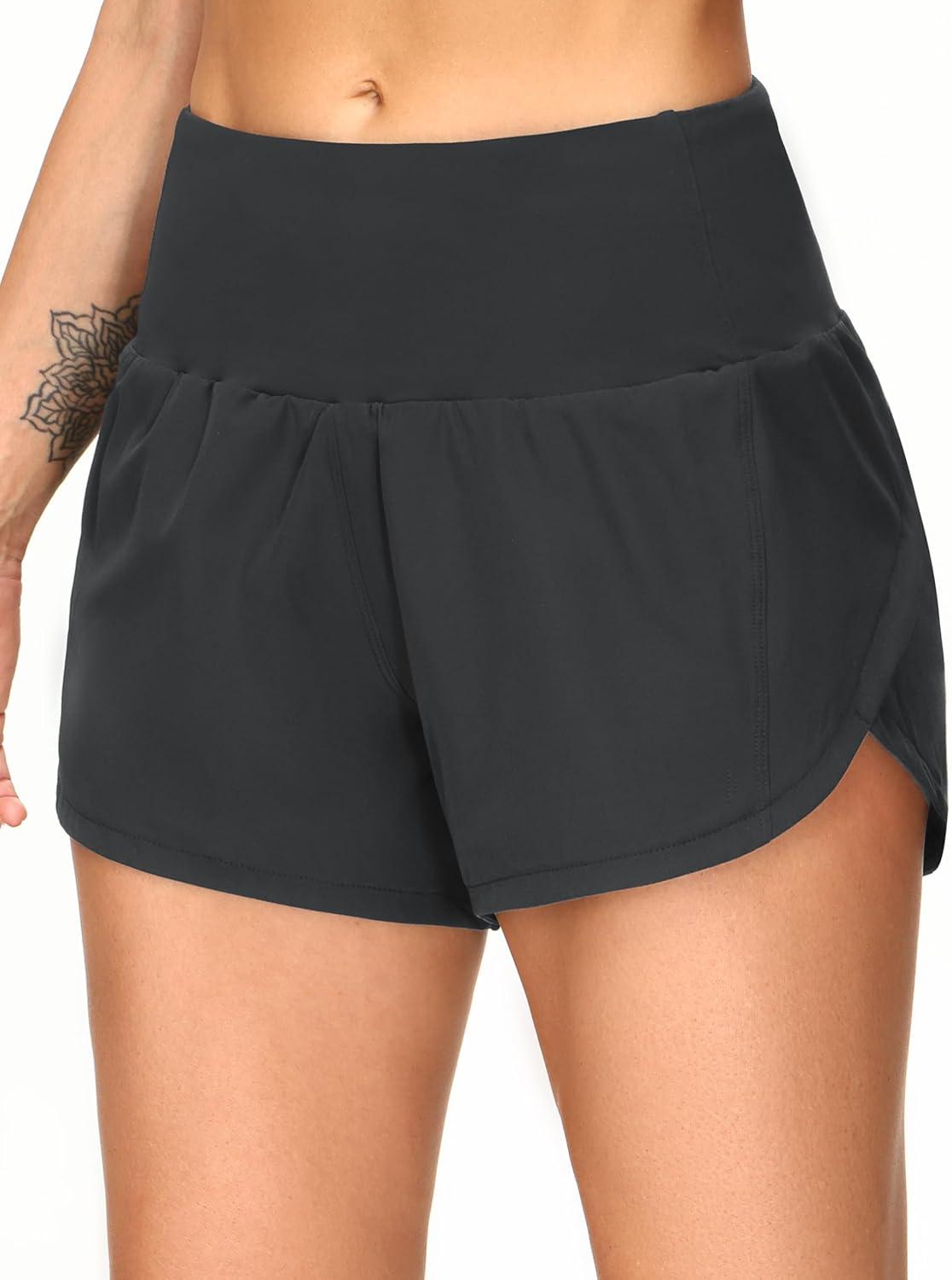 imageTHE GYM PEOPLE 2 Pack Womens High Waisted Running Shorts with Zipper Pockets Liner Quick Dry Athletic Workout ShortsBlackCharcoal Grey