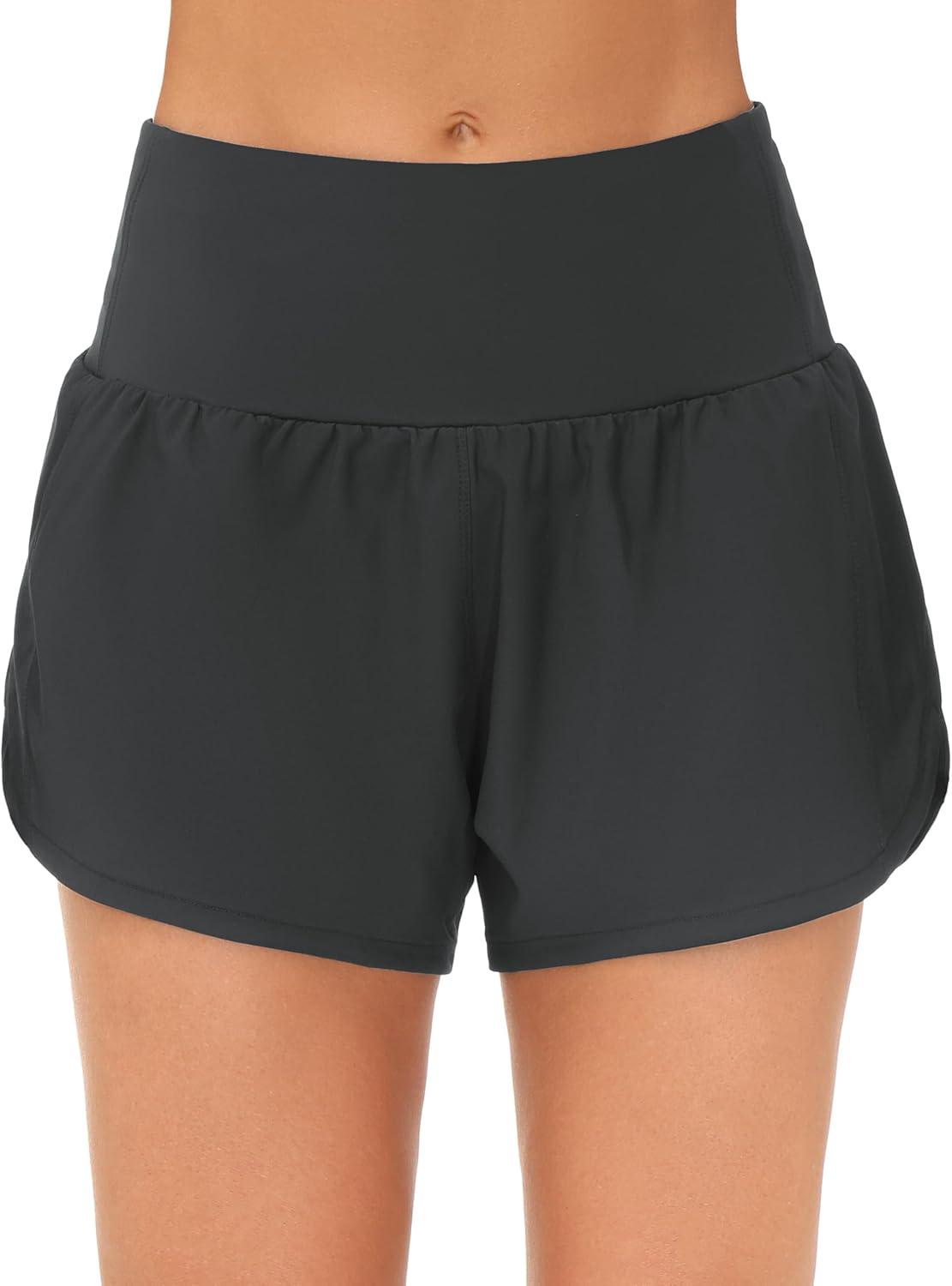 imageTHE GYM PEOPLE 2 Pack Womens High Waisted Running Shorts with Zipper Pockets Liner Quick Dry Athletic Workout ShortsBlackCharcoal Grey