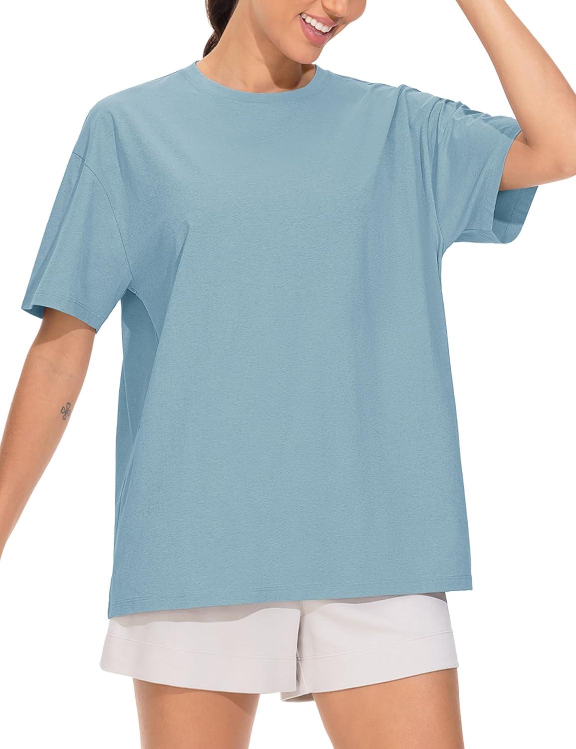 imageTHE GYM PEOPLE 2 Pack Womens Oversized T Shirts Casual Loose Fit Short Sleeve Tops Summer Crewneck Basic TeesBlackInk Blue