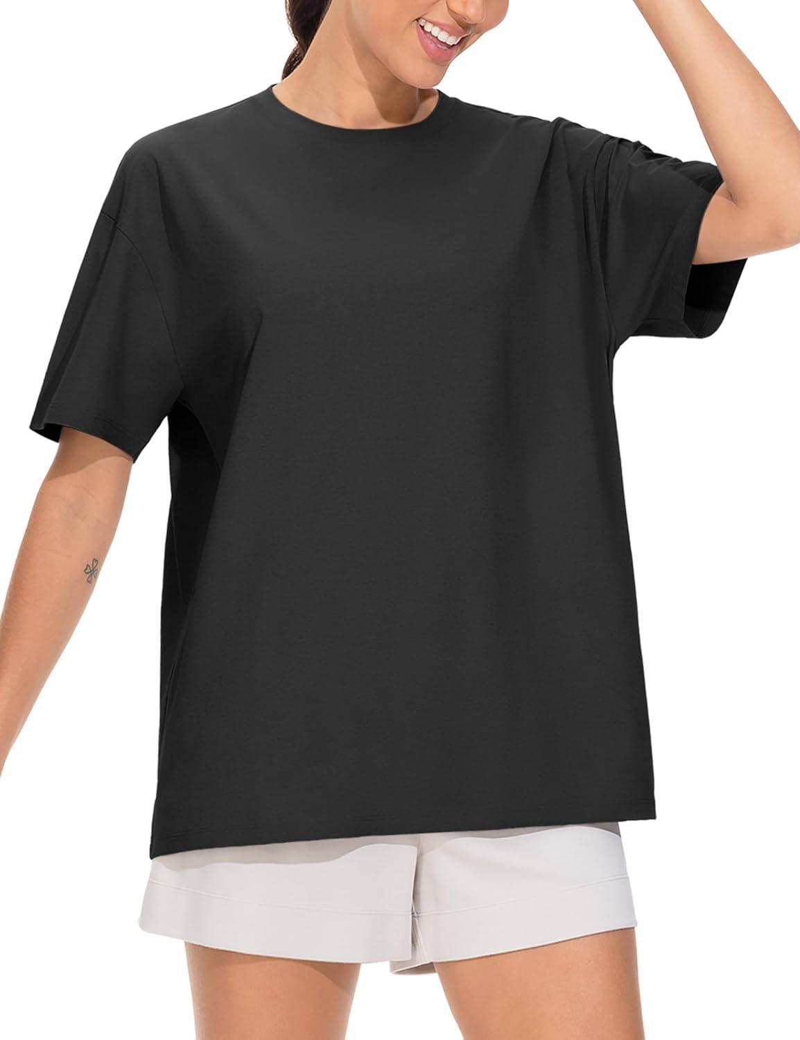 imageTHE GYM PEOPLE 2 Pack Womens Oversized T Shirts Casual Loose Fit Short Sleeve Tops Summer Crewneck Basic TeesBlackWhite