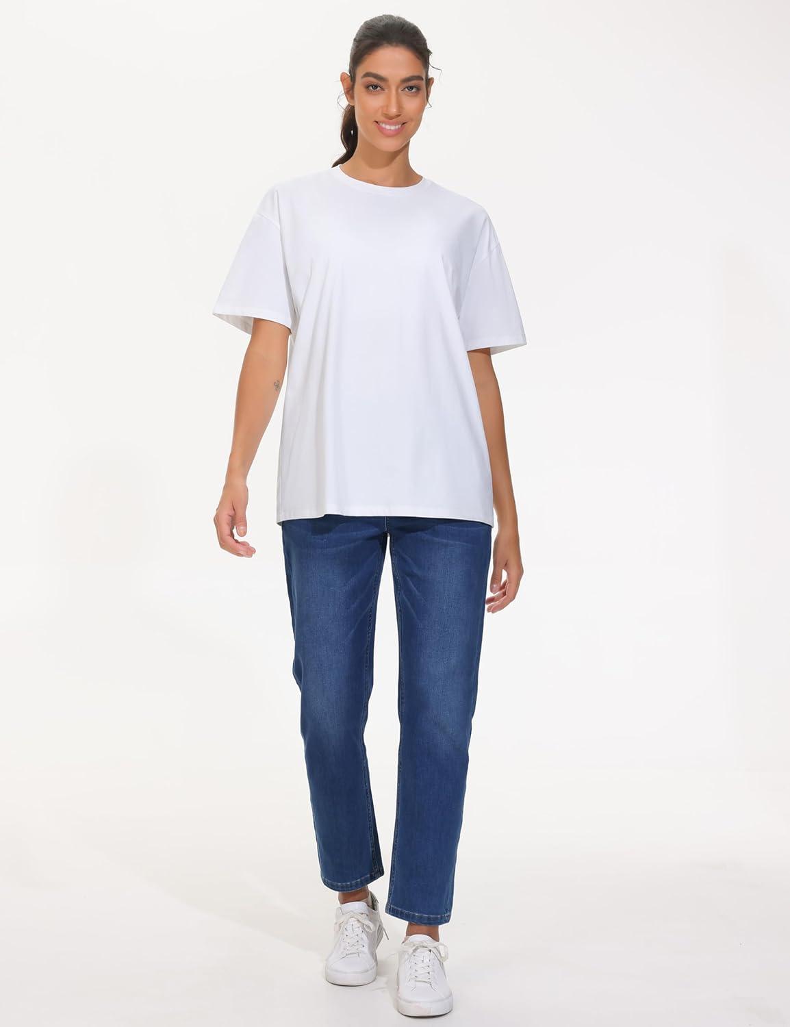 imageTHE GYM PEOPLE 2 Pack Womens Oversized T Shirts Casual Loose Fit Short Sleeve Tops Summer Crewneck Basic TeesWhiteInk Blue