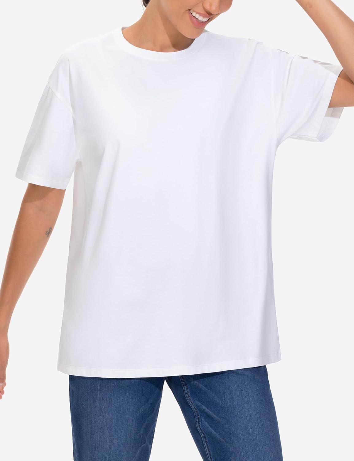 imageTHE GYM PEOPLE 2 Pack Womens Oversized T Shirts Casual Loose Fit Short Sleeve Tops Summer Crewneck Basic TeesWhiteInk Blue