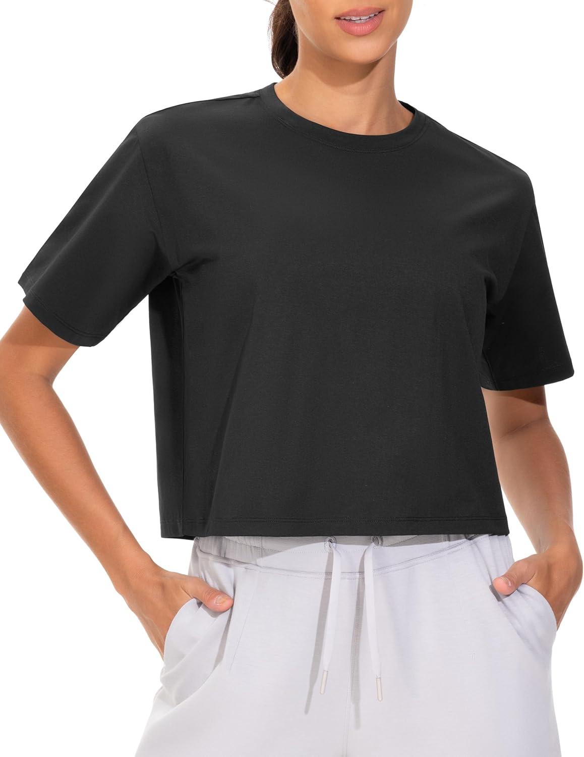 imageTHE GYM PEOPLE 2 Pack Womens Workout Crop Tops Boxy Short Sleeve Athletic Running Basic Cropped TShirtsBlackBlack
