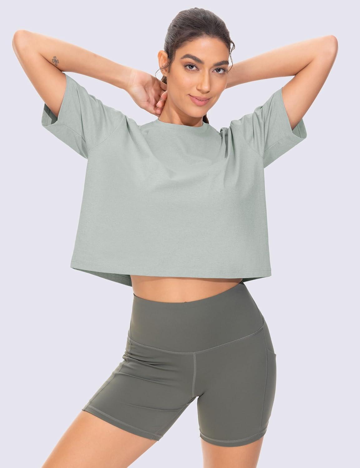 imageTHE GYM PEOPLE 2 Pack Womens Workout Crop Tops Boxy Short Sleeve Athletic Running Basic Cropped TShirtsBlackGrey