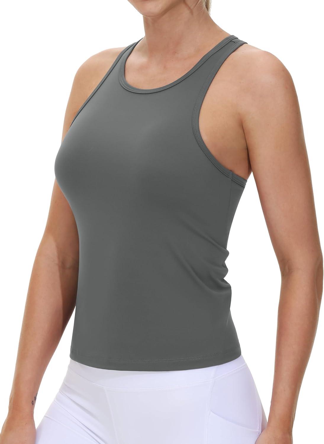 imageTHE GYM PEOPLE Racerback Workout Tank Tops for Women Slim Fit Sleeveless Basic Athletic Running Yoga ShirtsDark Grey