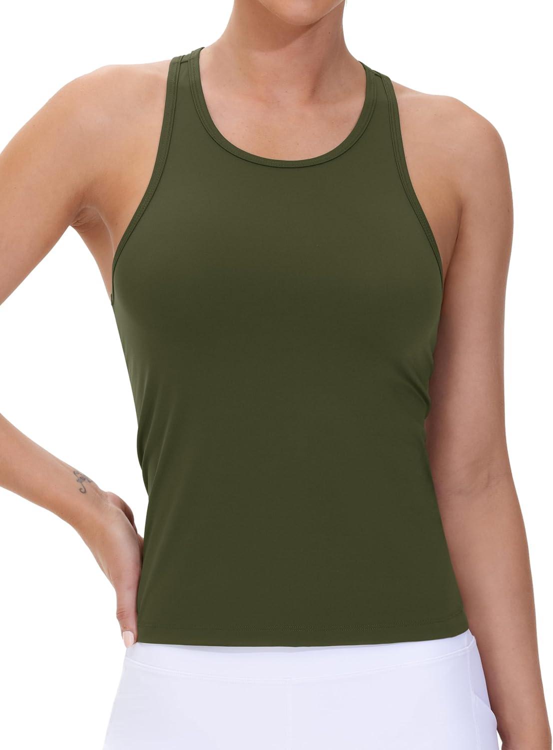 imageTHE GYM PEOPLE Racerback Workout Tank Tops for Women Slim Fit Sleeveless Basic Athletic Running Yoga ShirtsDark Olive
