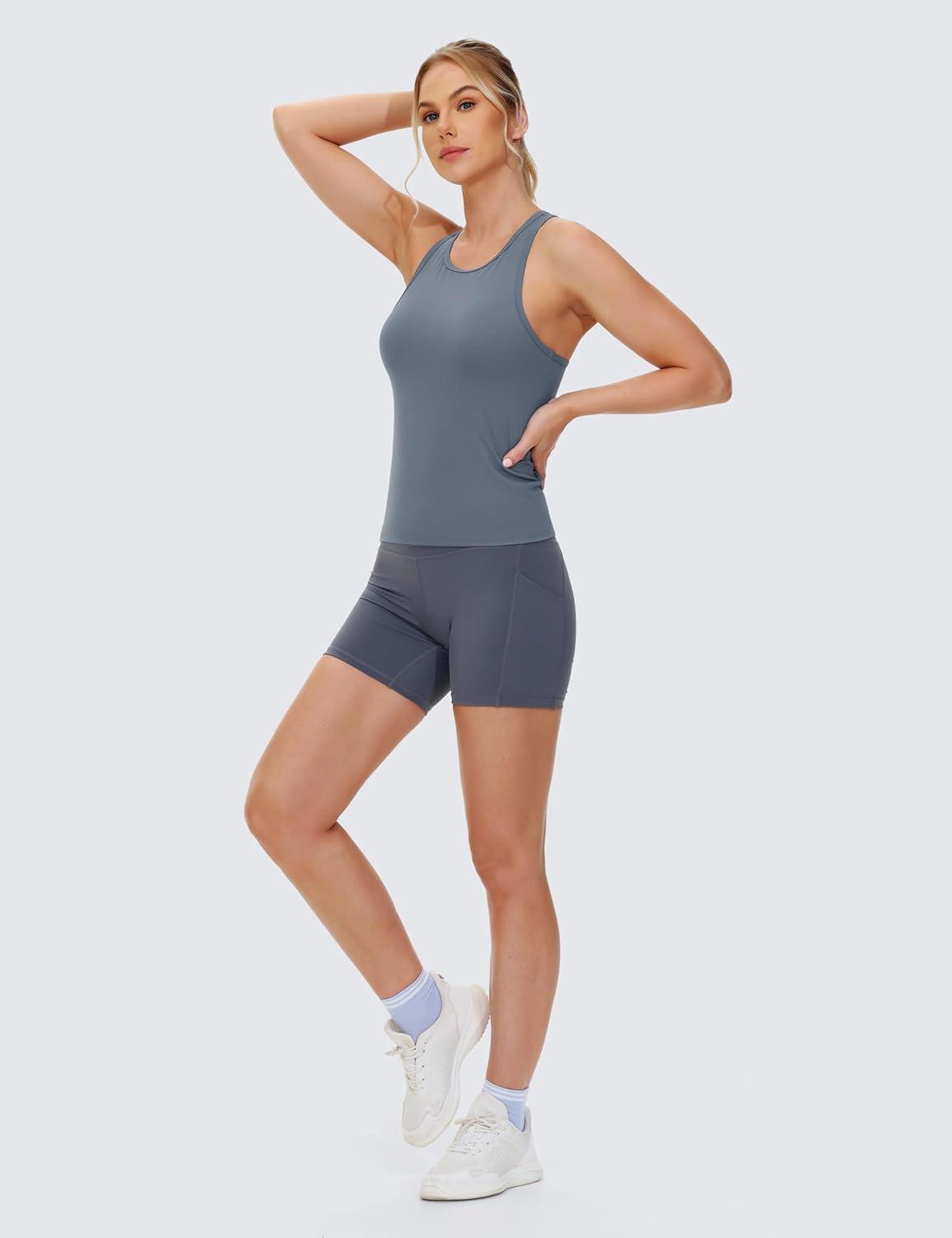 imageTHE GYM PEOPLE Racerback Workout Tank Tops for Women Slim Fit Sleeveless Basic Athletic Running Yoga ShirtsGreen Blue