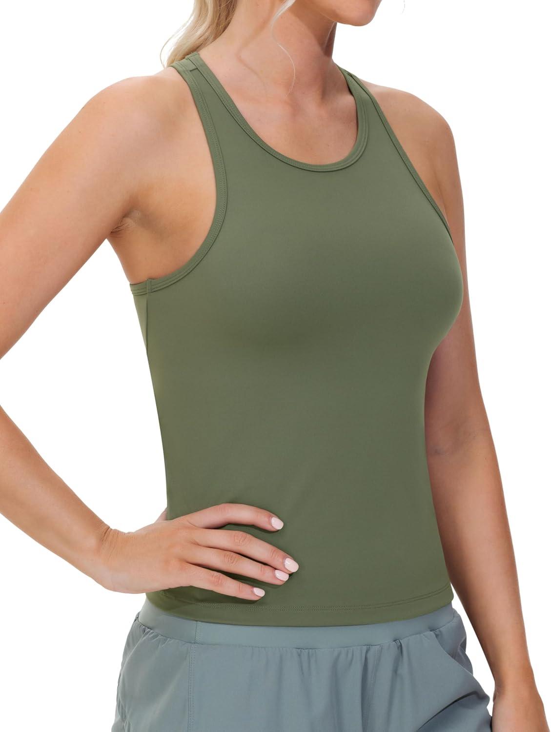imageTHE GYM PEOPLE Racerback Workout Tank Tops for Women Slim Fit Sleeveless Basic Athletic Running Yoga ShirtsOlive Green